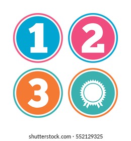 First, second and third place icons. Award medal sign symbol. Colored circle buttons. Vector