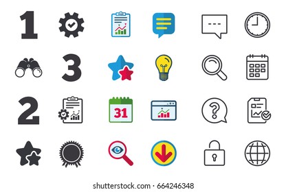 First, second and third place icons. Award medal sign symbol. Chat, Report and Calendar signs. Stars, Statistics and Download icons. Question, Clock and Globe. Vector