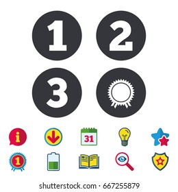 First, second and third place icons. Award medal sign symbol. Calendar, Information and Download signs. Stars, Award and Book icons. Light bulb, Shield and Search. Vector