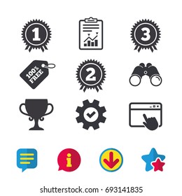 First, second and third place icons. Award medals sign symbols. Prize cup for winner. Browser window, Report and Service signs. Binoculars, Information and Download icons. Stars and Chat. Vector