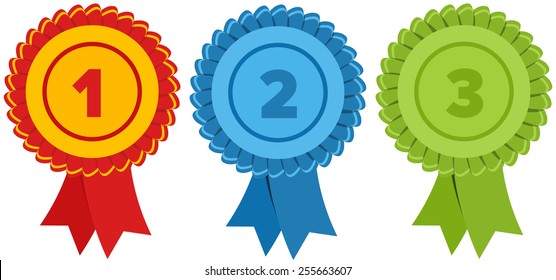 First, Second And Third Place. Label With Ribbons. Vector Illustration.