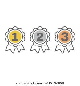 First, second and third place ribbon badge line icons. Gold, silver and bronze medal award icon set. Editable stroke.