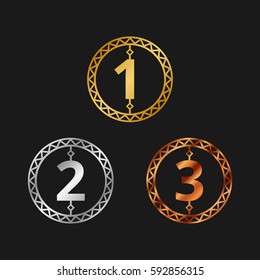First, second and third place (set of gold, silver and bronze symbols). Awards for winners for presentation ceremony of sport or business competition.