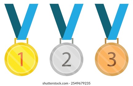 Conjunto de iconos de medallas de ganadores del primer, segundo o tercer lugar. Medalla de oro, plata y bronce con cinta azul. Icono de los premios del 1er 2do 3er lugar. Ilustración vectorial.