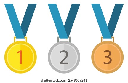 Conjunto de iconos de medallas de ganadores del primer, segundo o tercer lugar. Medalla de oro, plata y bronce con cinta azul. Icono de los premios del 1er 2do 3er lugar. Estilo plano. Ilustración vectorial.