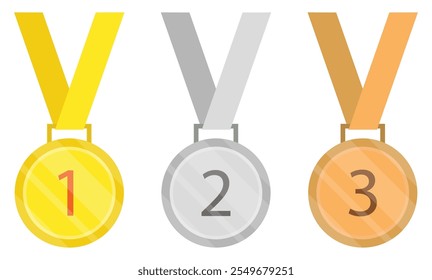 Ícones de medalha de primeiro, segundo ou terceiro lugar do vencedor. Medalha de ouro, prata e bronze com ícones de fita. 1º 2º 3º lugar. Ilustração vetorial.