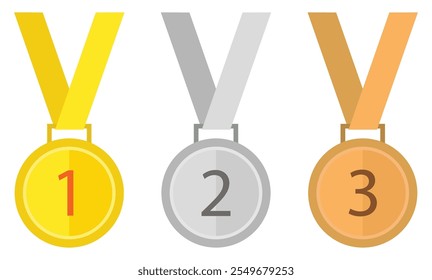 Conjunto de iconos de medallas de ganadores del primer, segundo o tercer lugar. Medalla de oro, plata y bronce con iconos de cinta. Icono de los premios del 1er 2do 3er lugar. Ilustración vectorial.