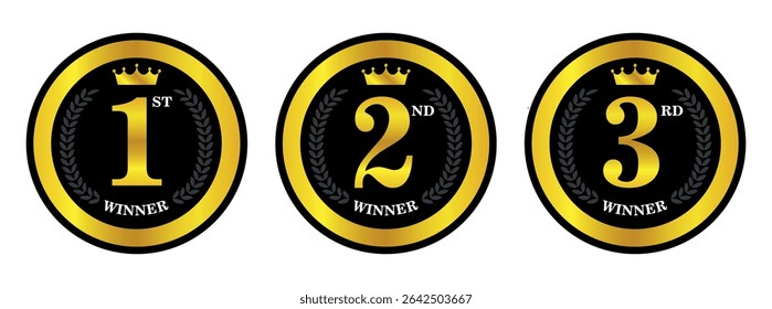 First, second, and third place winner badges in black and gold circles with crown and number design	
