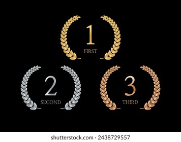 First, second, third places. Emblems for awards. Gold, silver, bronze Laurel wreaths. Vector illustration