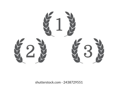 First, second, third places with laurel wreath. Award emblems. 1st, 2nd, 3rd. Winning places in sport. Champion trophy.  Vector illustration