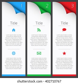 First, second and third vector infographic elements with title, description and icons