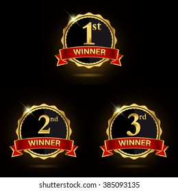 First, second and third winner. Award golden label. Vector illustration.