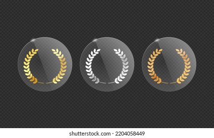 The first, second, third winner glass award symbol, Champion trophy awards with star in gold, silver and bronze