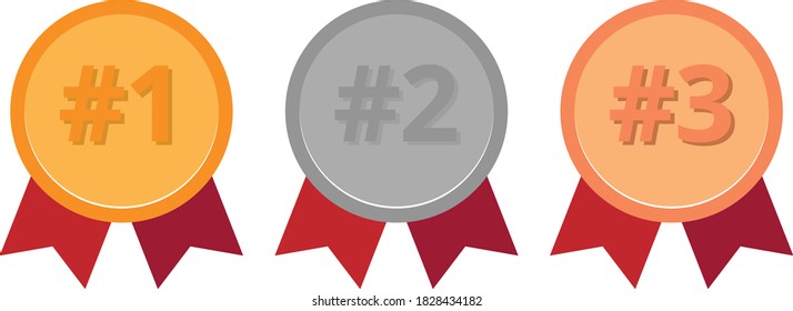 First second and third winners medals. Gold Silver and Bronze badges.