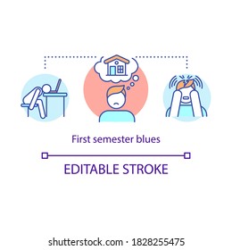 First Semester Blues Concept Icon. Student Anxiety. Depression And Loneliness In University. College Life Idea Thin Line Illustration. Vector Isolated Outline RGB Color Drawing. Editable Stroke