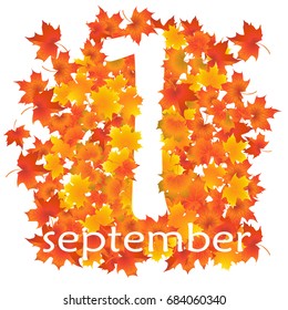 First September Autumn white Background. Bright autumn maple leaves shaped like 1. Square frame. Vector illustration. Back to school.