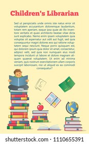 First September flat poster with piles of books with globe apple and boy reading something vector illustration. Back to school concept frame for greeting card brochure print media