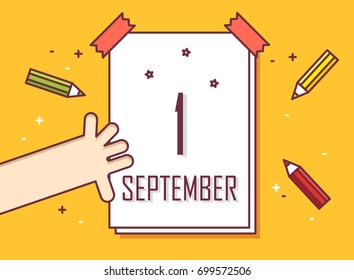 First september. Hand with calendar and colored pencils. Thin line flat design greeting card. Vector banner.