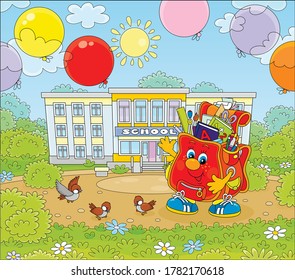 The first of September. Happy schoolbag cartoon character with colorful balloons in front of a school on a sunny day, vector illustration