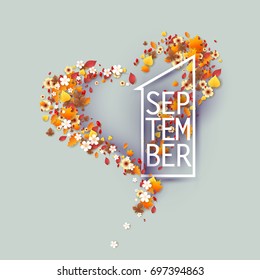 First september title texts poster design with frame flowers heart shaped. Education background. Back to school vector illustration