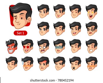 The first set of male facial emotions cartoon character with black hair and different expressions, pleased, rage, in love, ill, silent, grumpy, irritated, shy, worried, etc. vector illustration.