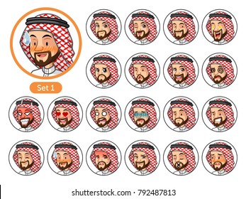 The first set of Saudi Arab man cartoon character avatars with different facial emotions and expressions, pleased, rage, in love, ill, silent, grumpy, irritated, shy, worried, etc. vector illustration
