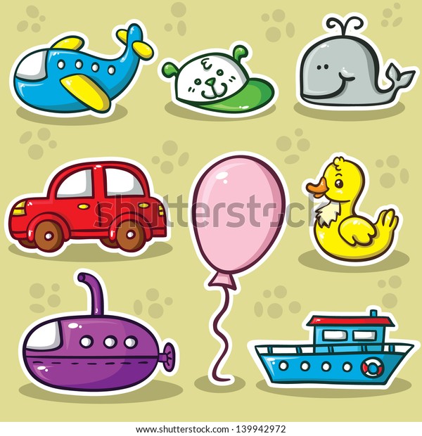 first set of\
toys. Collection of cute vector toys\
