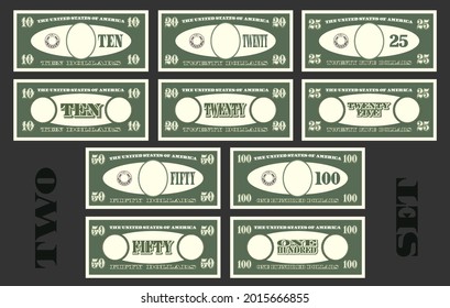 First set of US paper money samples with empty ovals. Banknotes in denominations of ten, twenty, twenty five, fifty and 100 dollars