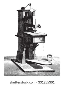 The first sewing machine invented by Thimonnier given at the Conservatory of Arts and Crafts by the Chamber of Commerce Tarare, vintage engraved illustration. Magasin Pittoresque 1878.