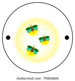 The first side of the Thaumatrope, three green fireflies with a yellow glow, an old animated optical toy of the 19th century, Taumatrop, isolated, white background