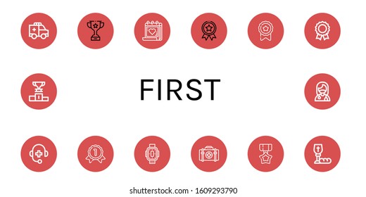 first simple icons set. Contains such icons as Ambulance, Trophy, Medical appointment, Medal, Medical support, Gold medal, Kneepad, First aid kit, can be used for web, mobile and logo