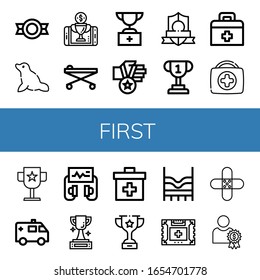 first simple icons set. Contains such icons as Medal, Seal, Reward, Stretcher, Trophy, Badge, First aid kit, Award, Ambulance, Defibrillator, can be used for web, mobile and logo