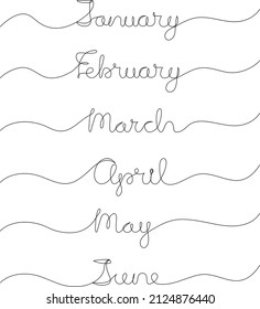 First Six Months Of The Year. Handwritten Inscription. Continuous One Line Drawing. Vector Illustration.