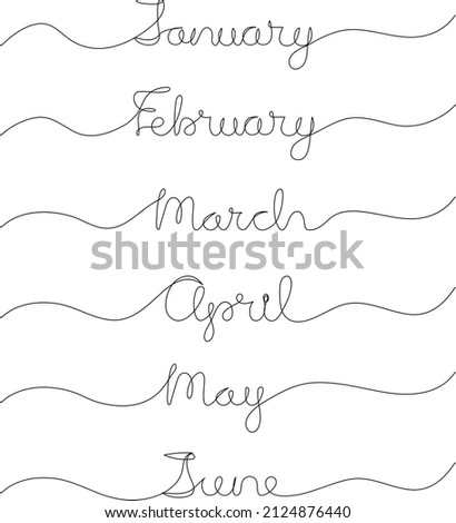 First six months of the year. Handwritten inscription. Continuous one line drawing. Vector illustration.