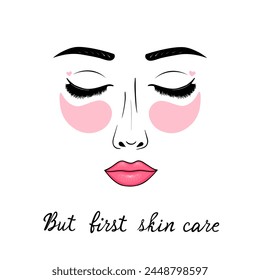 but first skin care, eye patches. Vector Illustration for printing, backgrounds, covers and packaging. Image can be used for cards, posters, stickers and textile. Isolated on white background.