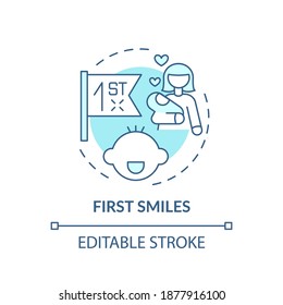 First smiles turquoise concept icon. Baby facial expression. Newborn emotion. Early childhood development idea thin line illustration. Vector isolated outline RGB color drawing. Editable stroke