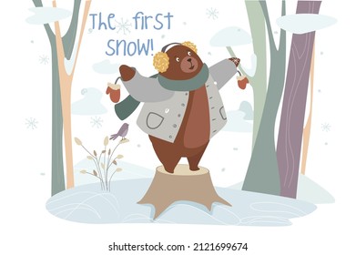 The first snow concept background. Cute amazement bear in warm clothes stands on stump and greets flying snowflakes at winter forest. Greeting holiday card. Vector illustration in flat cartoon design
