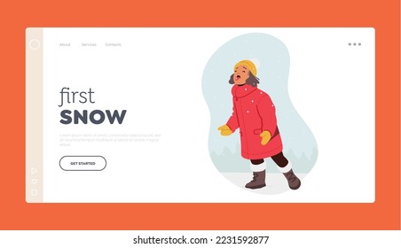First Snow Fun Landing Page Template. Child Girl Catch Falling Snowflakes on Tongue. Little Character Wear Warm Clothes Playing at Winter Time on Street. Cartoon People Vector Illustration