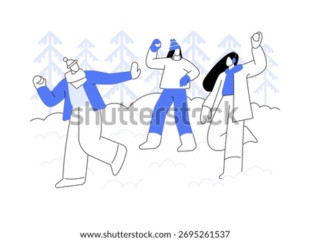 First snow isolated cartoon vector illustrations. Smiling friends play snowballs together, people having fun during winter holidays, special occasion, leisure time outdoors vector cartoon.