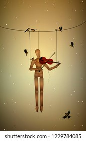 first snow melody, marionette hanging on the tree branch and playing violine for tit birds, friends character, 
vector