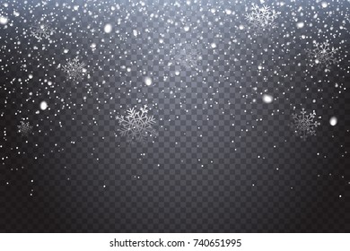  Primera nieve.Las nevadas que caen de manera realista se aíslan sobre un fondo transparente. Elemento de decoración invernal para tu diseño de Navidad. Ilustración vectorial.