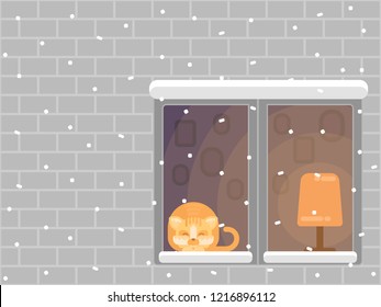 First snow. Snow, window and cat sitting on the windowsill. Flat vector illustration.