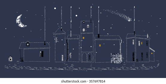 First snow -winter - night - flat design urban landscape illustration - hand draw grunge texture - dark blue background - stock vector.