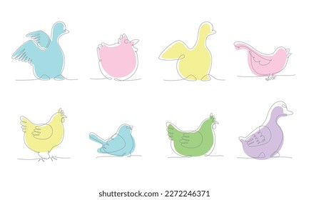 First spring birds set hand draw continues one line. Vector stock illustration isolated on white background for wedding, Easter invitation or greeting card. Editable stroke. EPS10