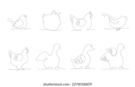 First spring birds set hand draw continues one line. Vector stock illustration isolated on white background for wedding, Easter invitation or greeting card. Editable stroke. EPS10