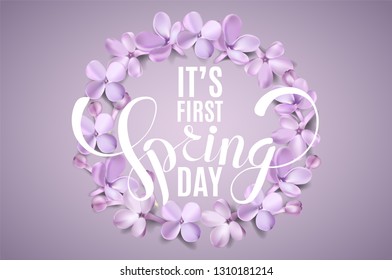 It's First Spring Day background with purple lilac flower petals and lettering vector square illustration
