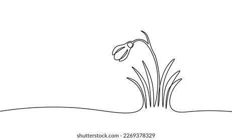 First spring flower snowdrops. One continuous line early blooming garden flower nature beautiful white petals. Sketch doodle hand drawn vector illustration