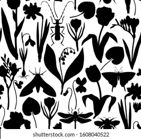 First spring flowers background with floral elements and insects silhouettes. Botanical illustration. Garden and forest spring plants seamless pattern. Perfect for banner, packaging, wrapping paper.