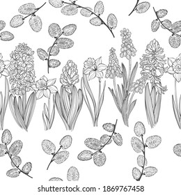 First spring flowers. Seamless vector pattern with hyacinths, daffodils, muscari and pussy willow branches on white. Floral  background. Black and white. Perfect for design templates, wallpaper.
