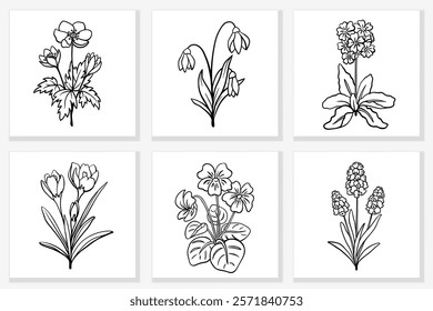 First spring flowers set, black line sketch isolated on white. Hand drawn outline of crocus, muscari, primula, anemone and snowdrop. Vector clipart for springtime floral illustration, coloring book.